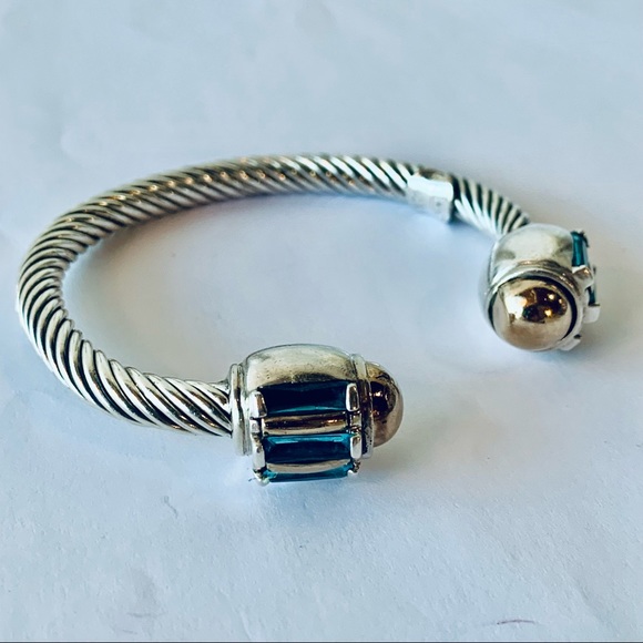 14k Yellow Gold Sterling Silver Blue Stone Cable Cuff Sg Signed Bracelet 185$